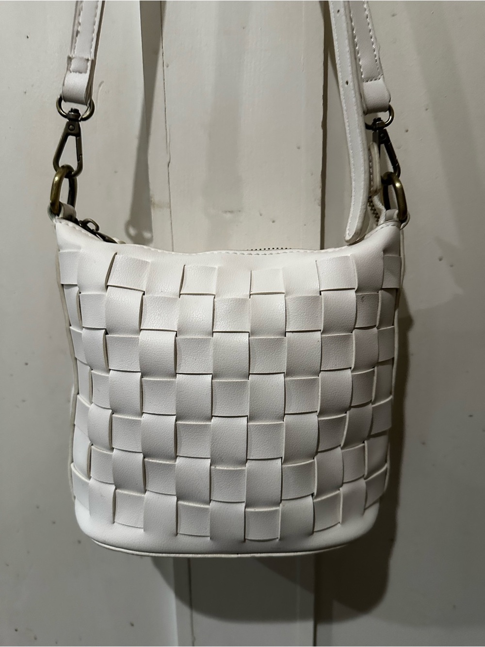 Joy Susan White Woven Crossbody Bucket Bag